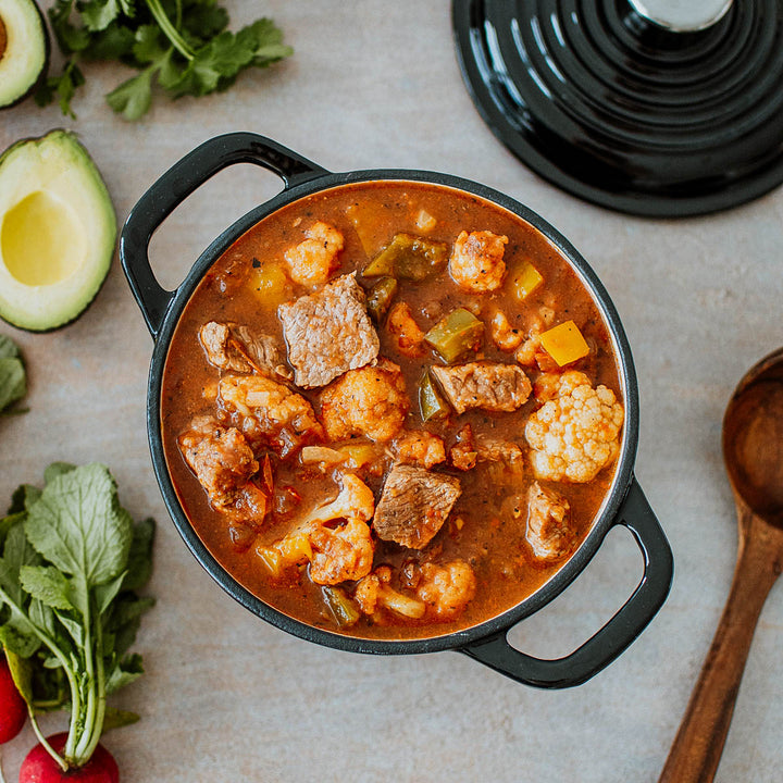 organic stew meat in a pot