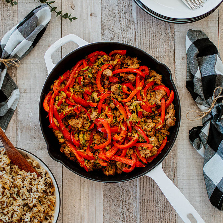 organic ground turkey dinner in a skillet